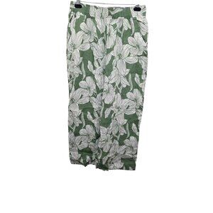 Tahari Women's Green & White Floral Print 100% Linen Pants Size L Elastic Waistb